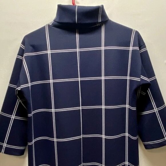 LOFT Ann Taylor Shift Dress Women's Small Navy White Grid Turtleneck Midi EUC - Picture 4 of 11